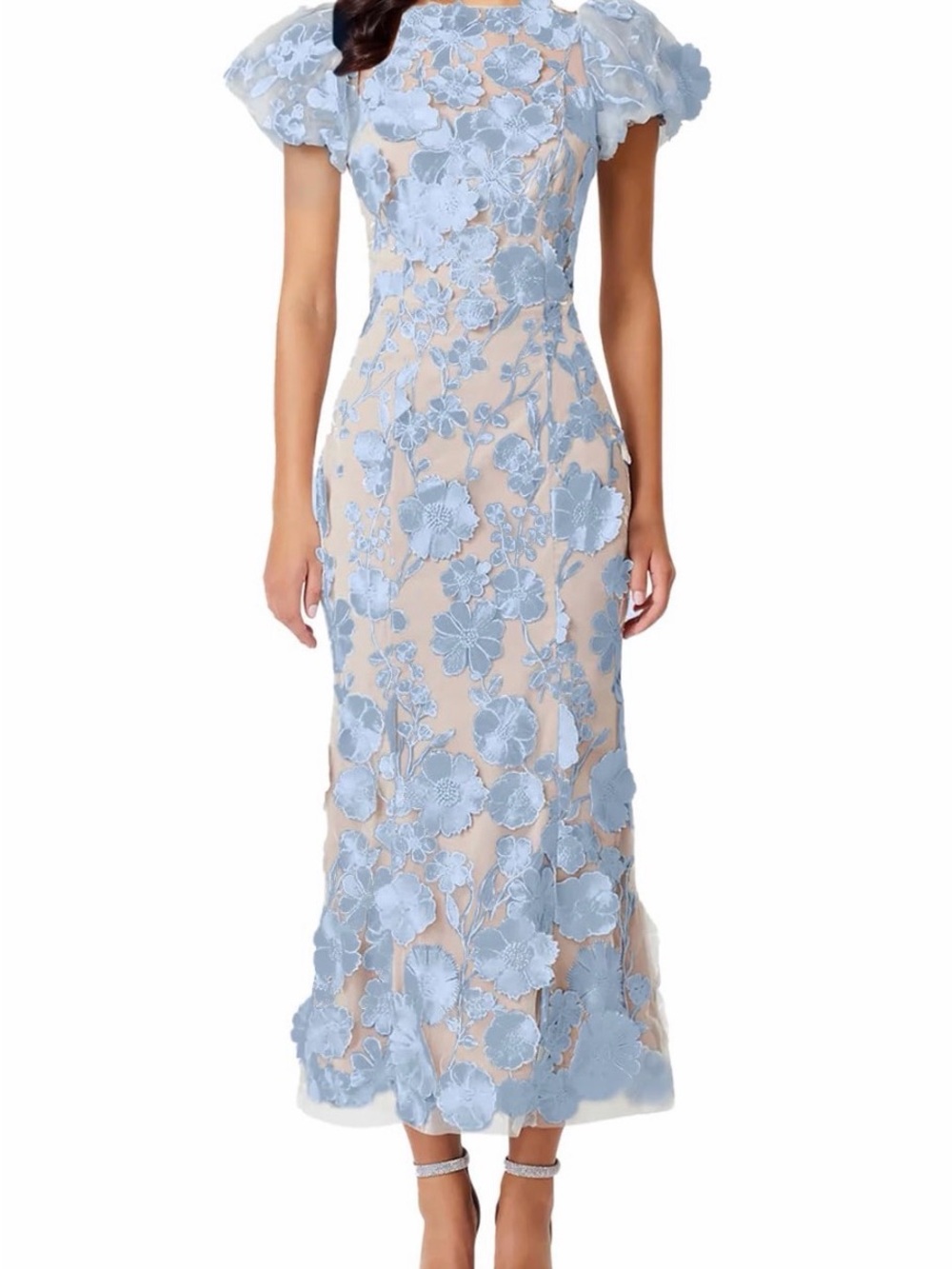 Light Blue Floral Lace Midi Dress with Sheer Nude Lining